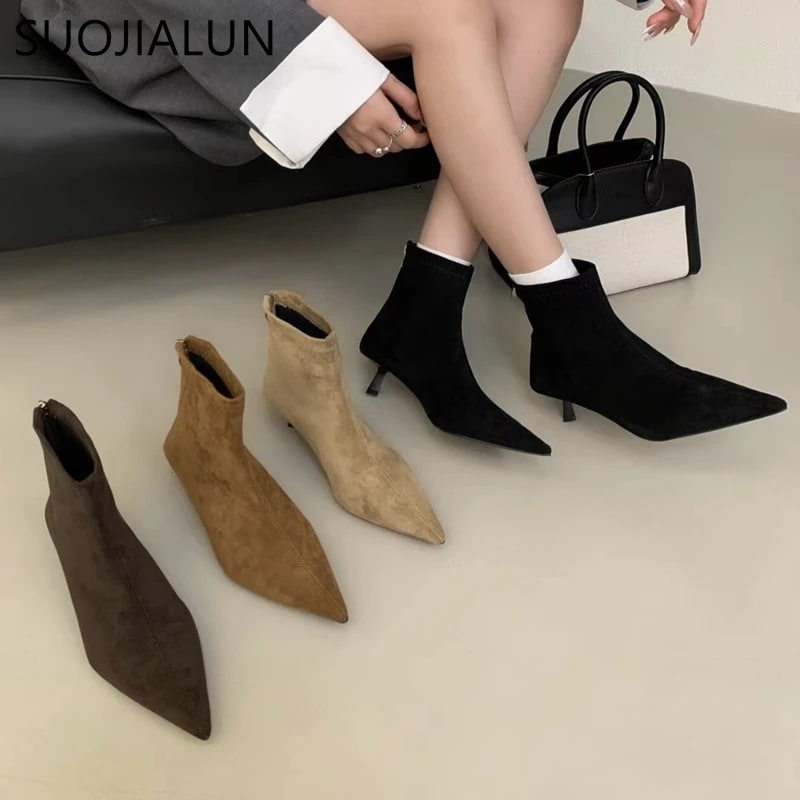 Pointed Toe Thin High Heel Ankle Boots – Elegant Winter Dress Booties product photo