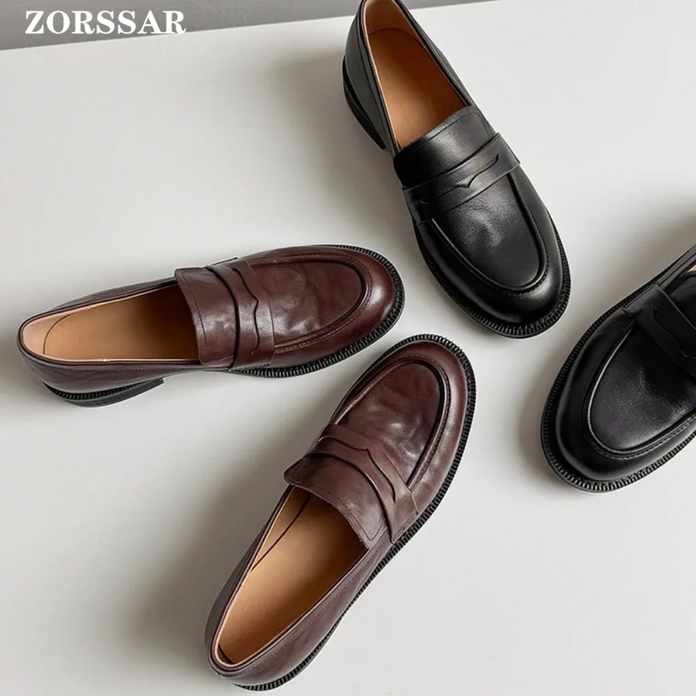 Vintage Loafers Women 2026 New Spring Round Toe One Foot Slip-on Shoes Women Genuine Leather Boat Shoes Soft Flats Shoes Women product photo