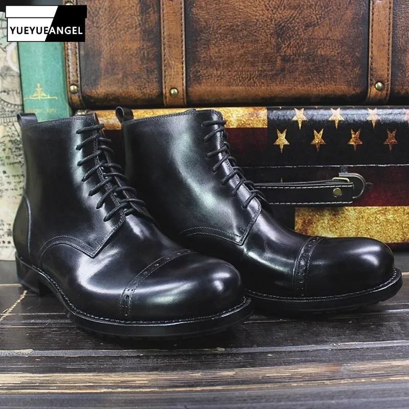 Vintage Men's Genuine Leather Boots – Handmade Winter Work Ankle Shoes product photo
