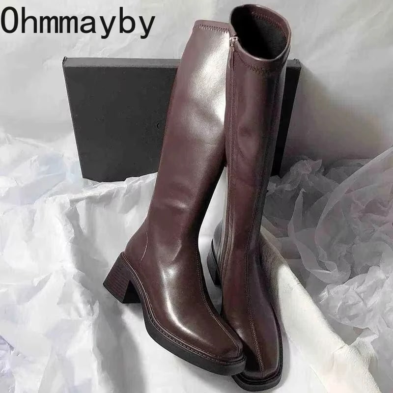 Vintage Knee-High Boots – Thick Heel Winter Shoes product photo