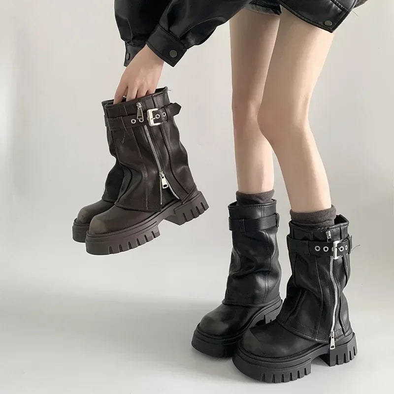 Winter Women Biker Boots – Fashion Platform Belt Buckle Booties product photo