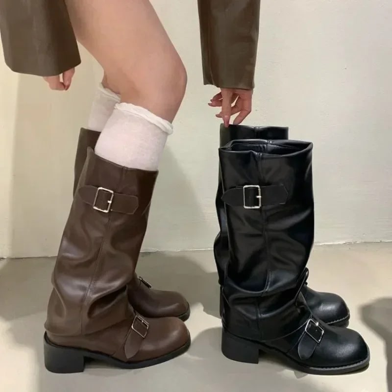 Gothic Punk Knee High Boots – Chunky Platform Motorcycle Shoes product photo
