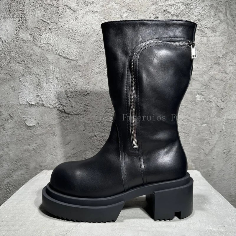 Women Men Fashion Neutral Mid Calf Boots Round Toe Square Heels Genuine Leather Boots Zipper Design Black High Quality Boots product photo