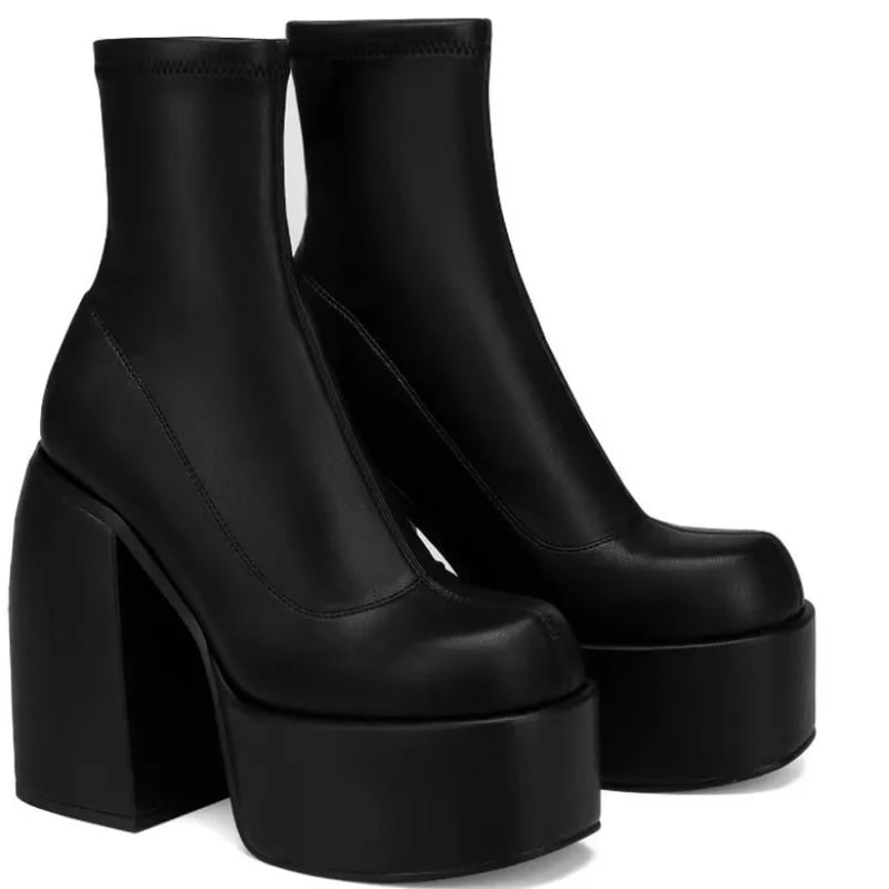 Chunky Heel Platform Ankle Boots – Square Toe High Heels Fashion product photo
