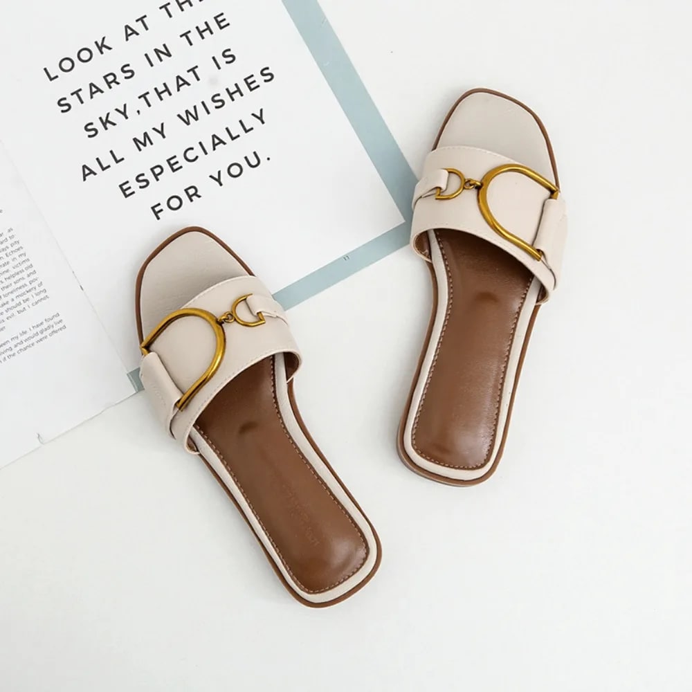 Women's Flat Slippers Summer Leather Square Toe Women Flats Flip Flops Designer Ladies Slides Sandals Women Shoes Luxury Sandals product photo
