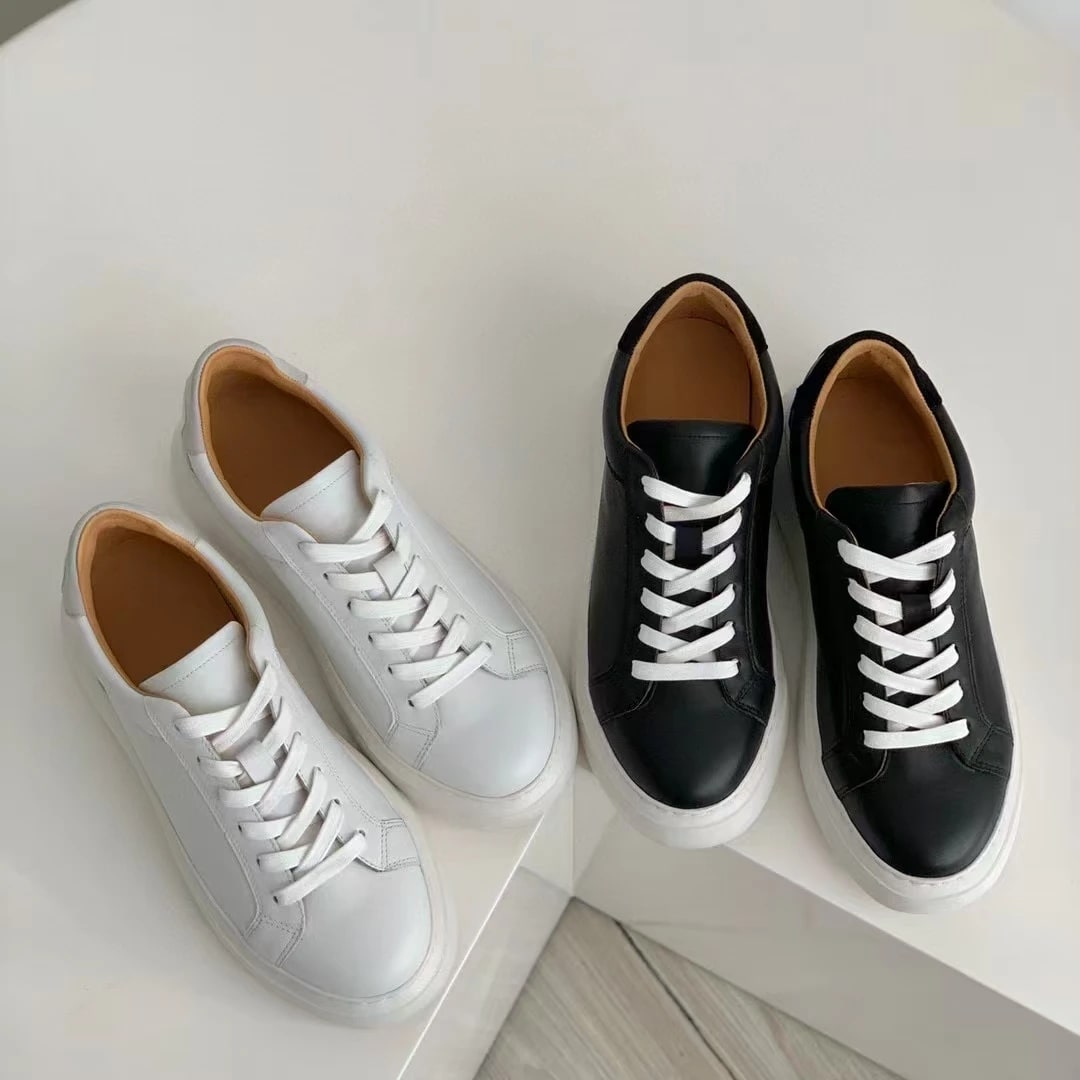 Women's Genuine Cow Leather Platform Sneakers – Premium White Board Shoes product photo