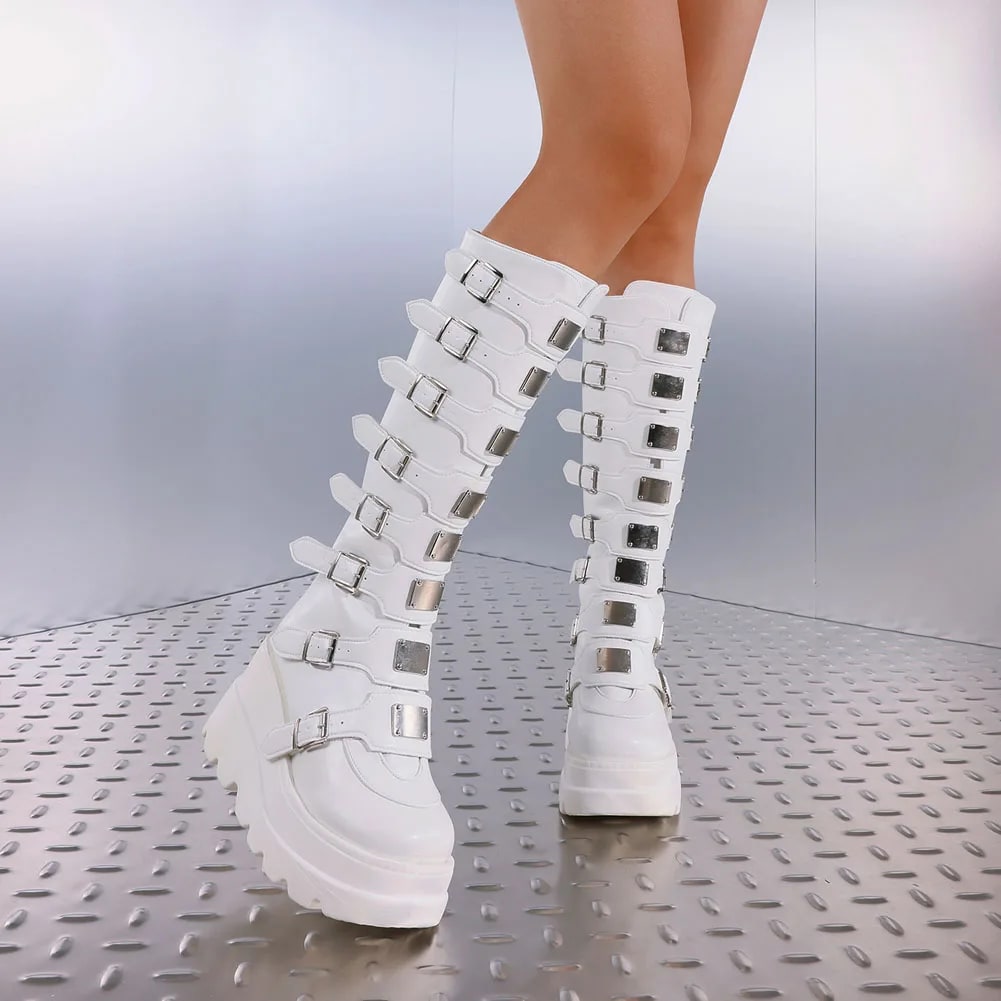 Y2K Goth Knee High Boots – Platform Wedge Punk Shoes with Metal Buckles product photo