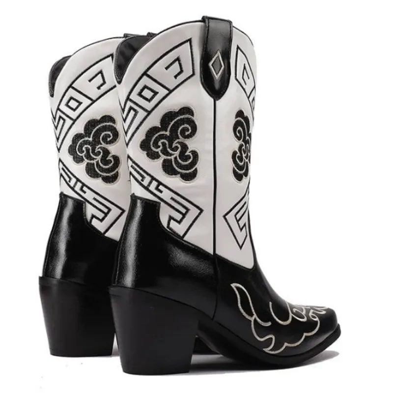 YAOJING Sexy Mid Heel Boots – Handmade Embroidered Leather product photo