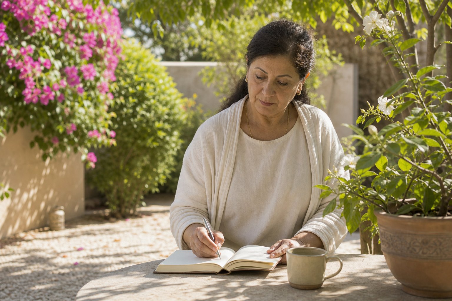 A woman writing in a journal in a sunlit garden.