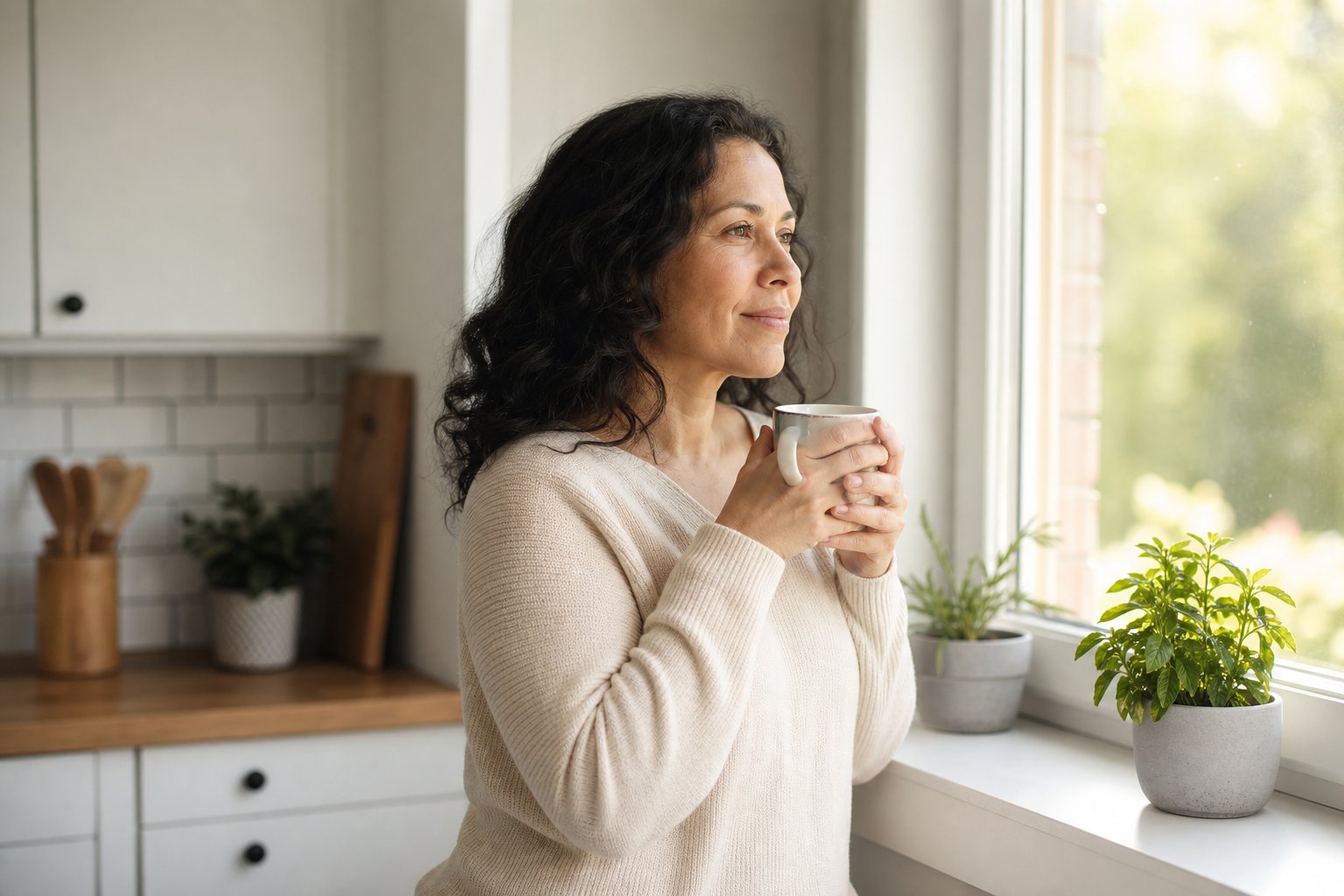 A woman taking a quiet pause with a warm drink by a window.