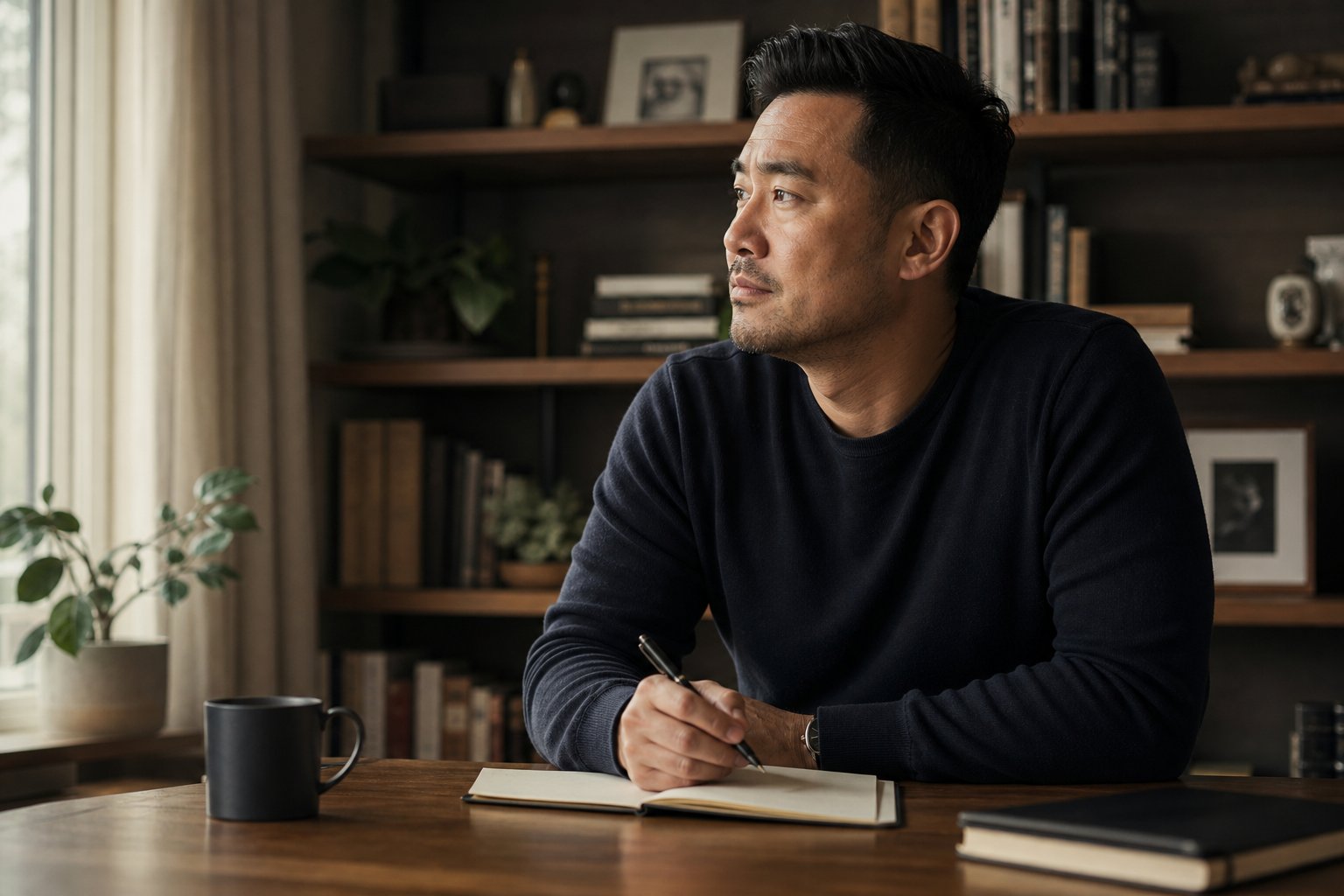 A man taking a reflective pause while writing in a notebook.