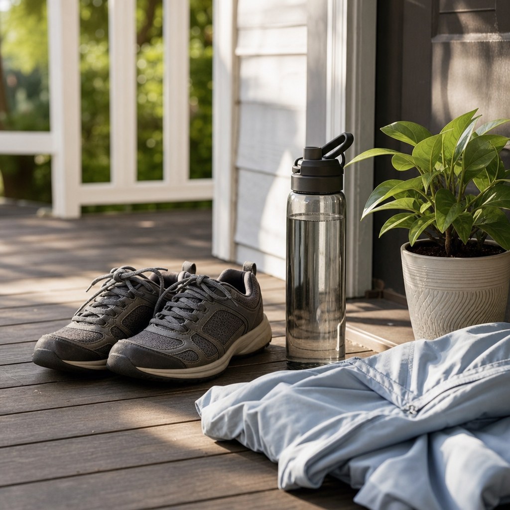 Walking shoes, a water bottle, and a small plant on a sunny porch.