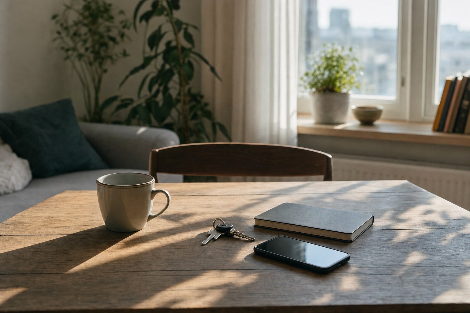 A quiet morning table with a phone, keys, and notebook beside a sunny window.