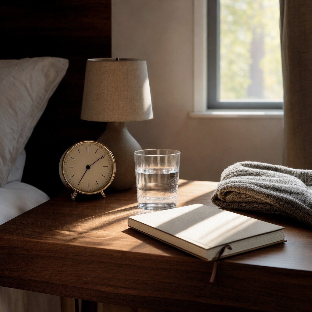 A bedside table with a clock, water, a notebook, and folded sweater in morning light.