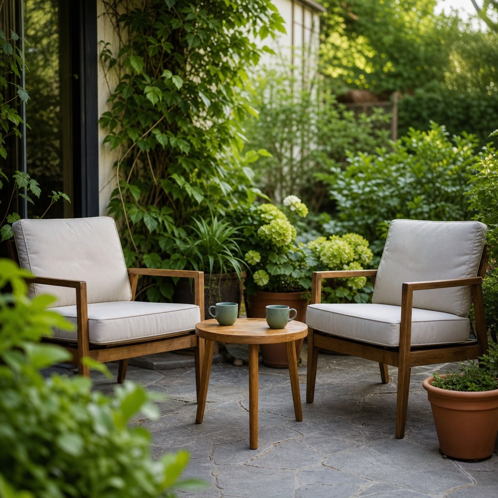 Two empty chairs beside a small table on a leafy garden patio.