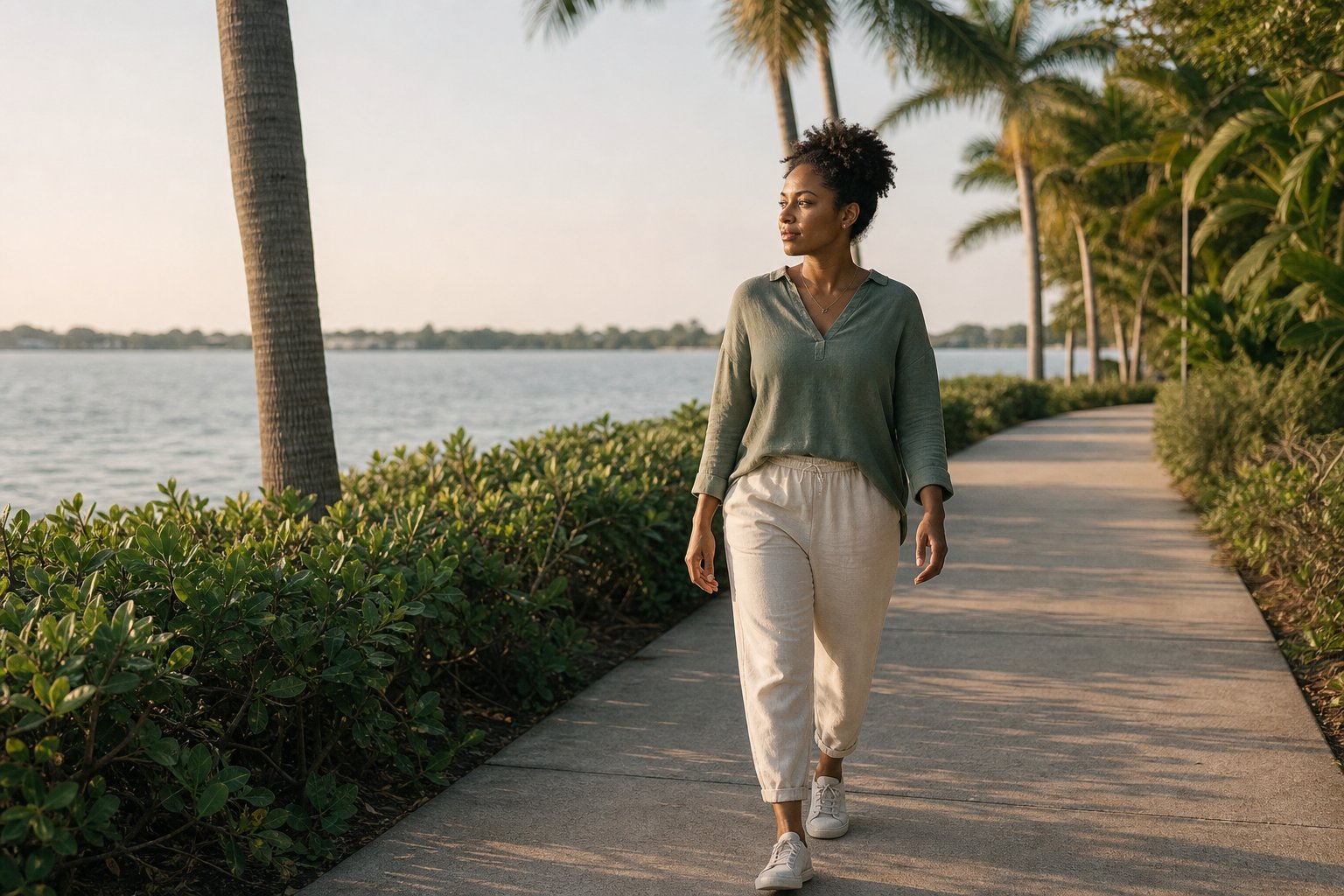 A woman taking a quiet walk beside the water.