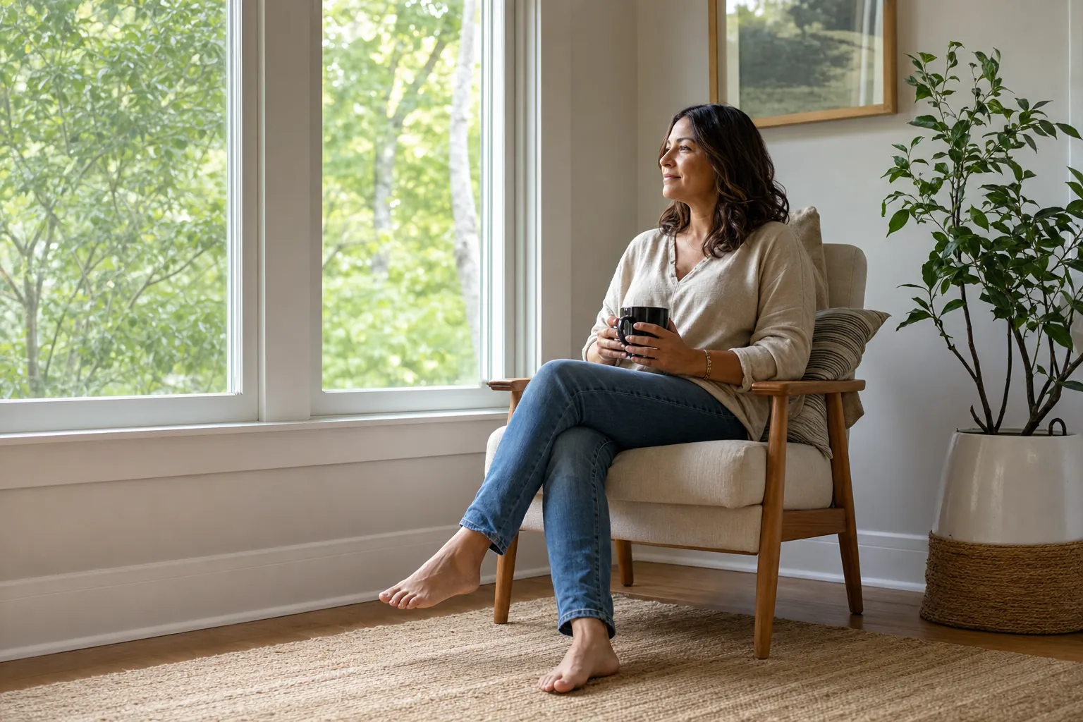 A woman taking a quiet pause in a bright home.