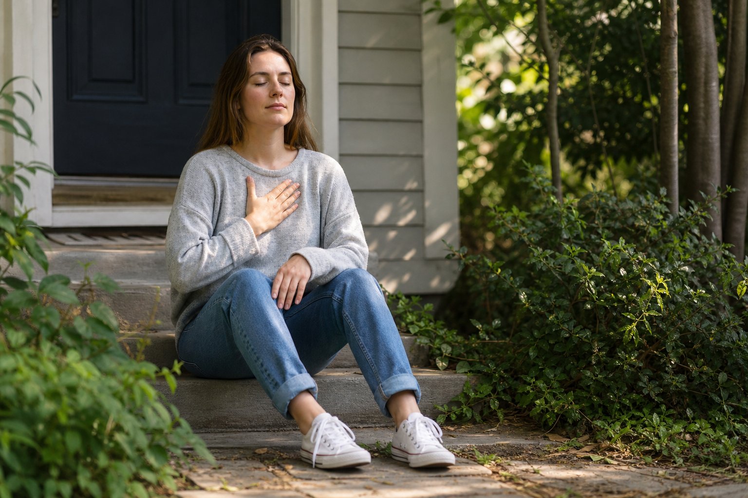A woman taking a grounding pause outside her home.
