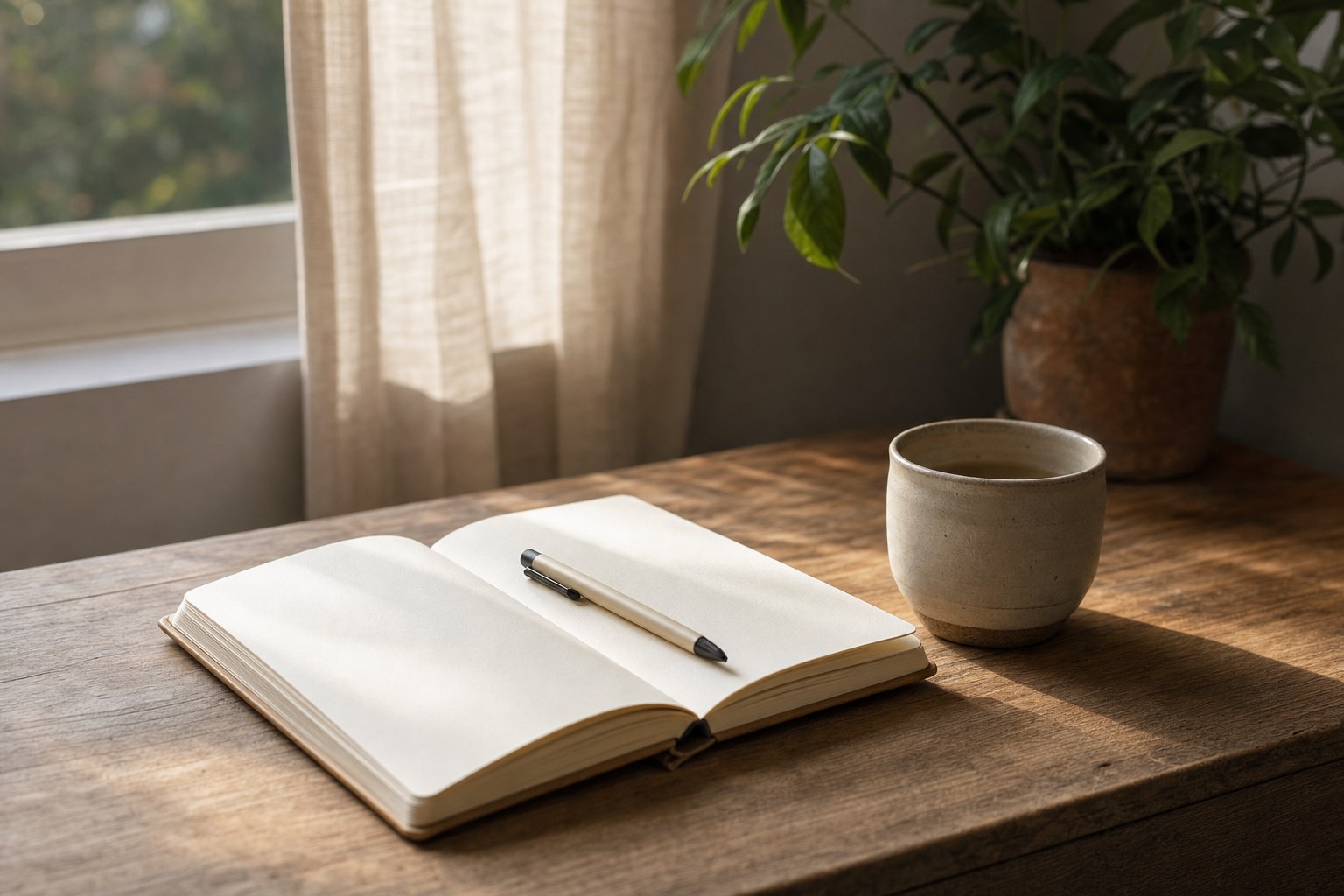 An open notebook and pen on a sunlit wooden table.