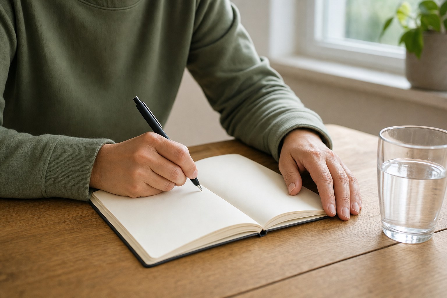 A person writing in a blank notebook at a wooden table.