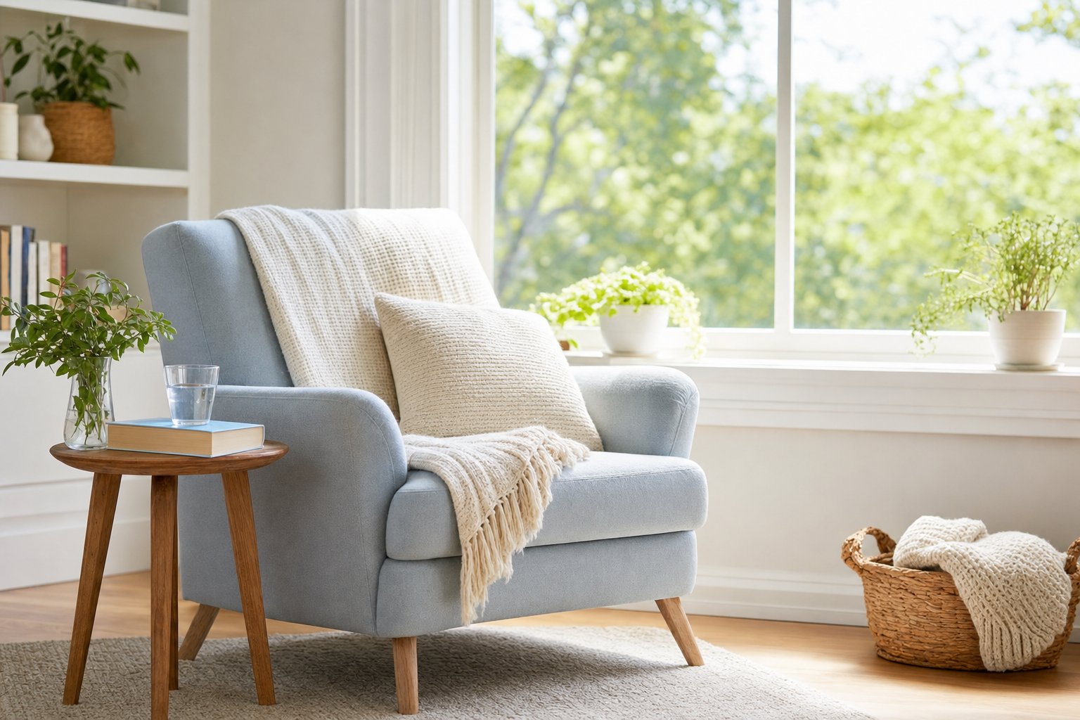 A light blue reading chair beside a bright window with a blanket, book, and glass of water.