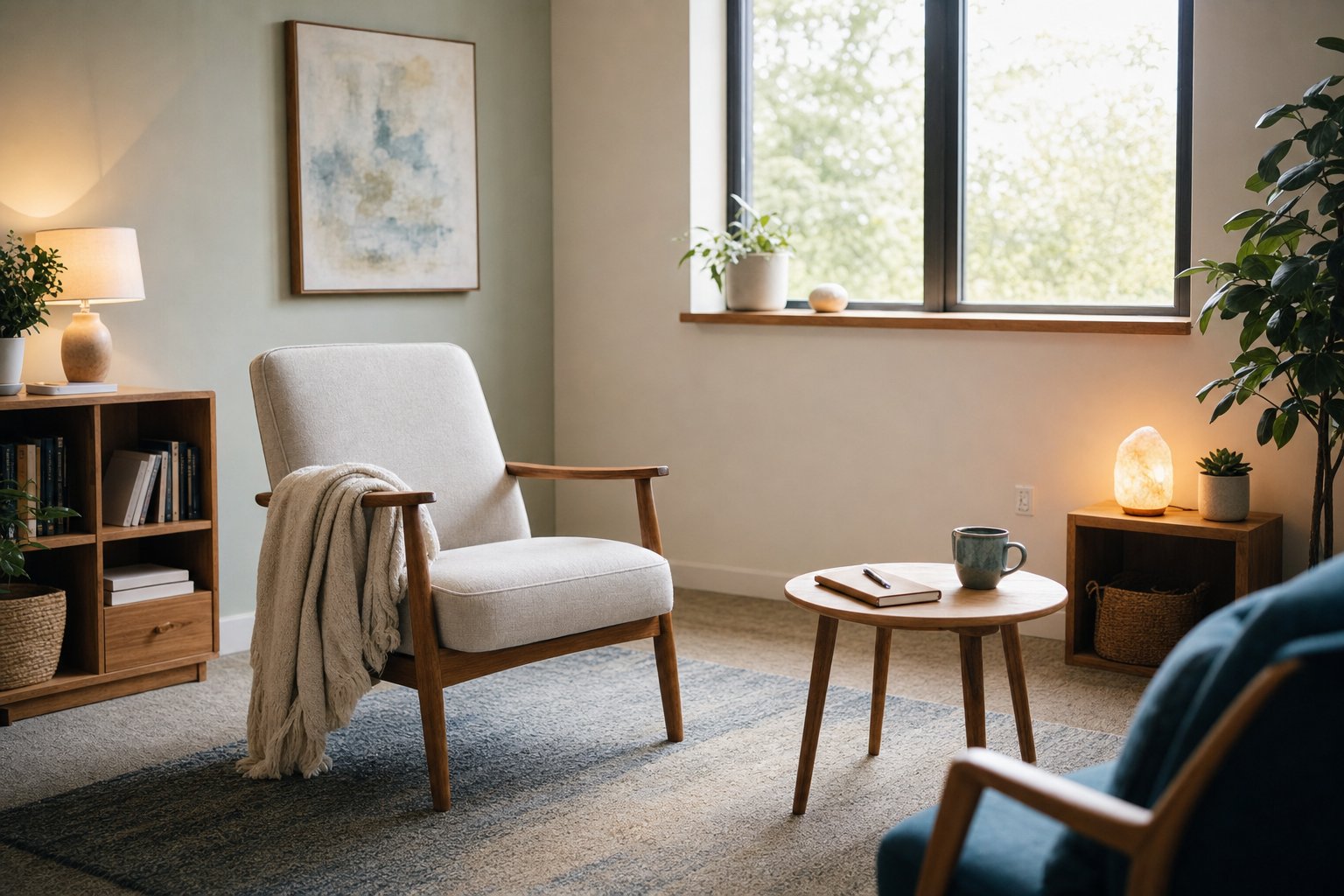 A calm therapy office with chairs, a notebook, and soft window light.