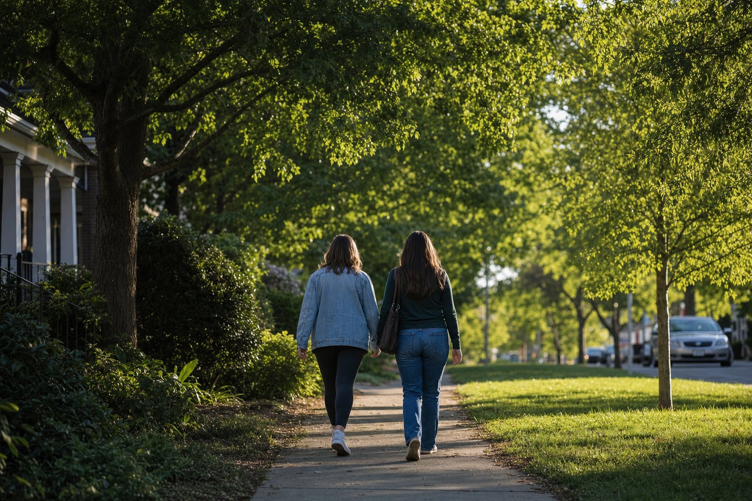 Two friends walking together on a quiet, tree-lined neighborhood path.