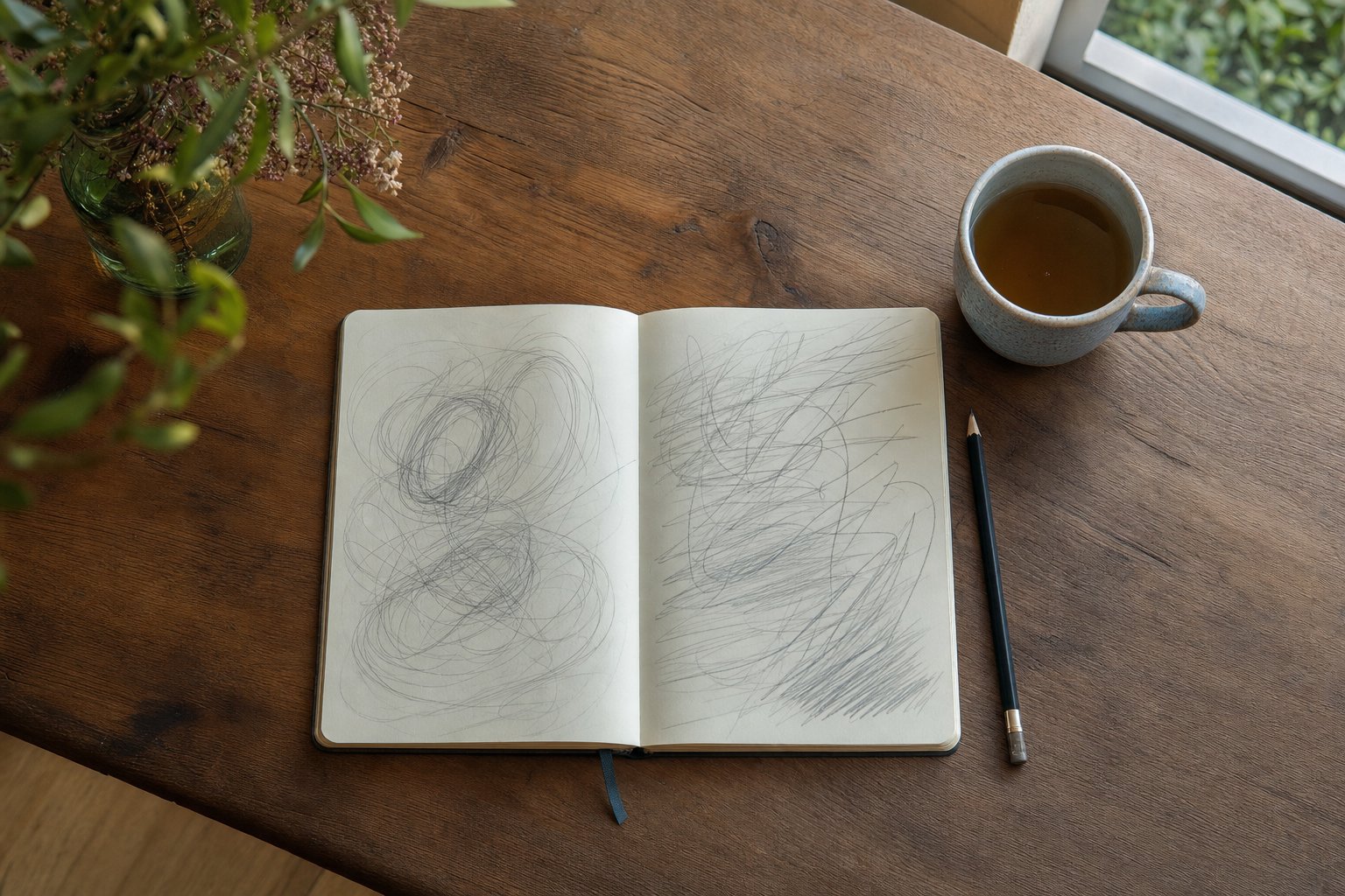 An open notebook with pencil marks beside a cup of tea on a wooden table.