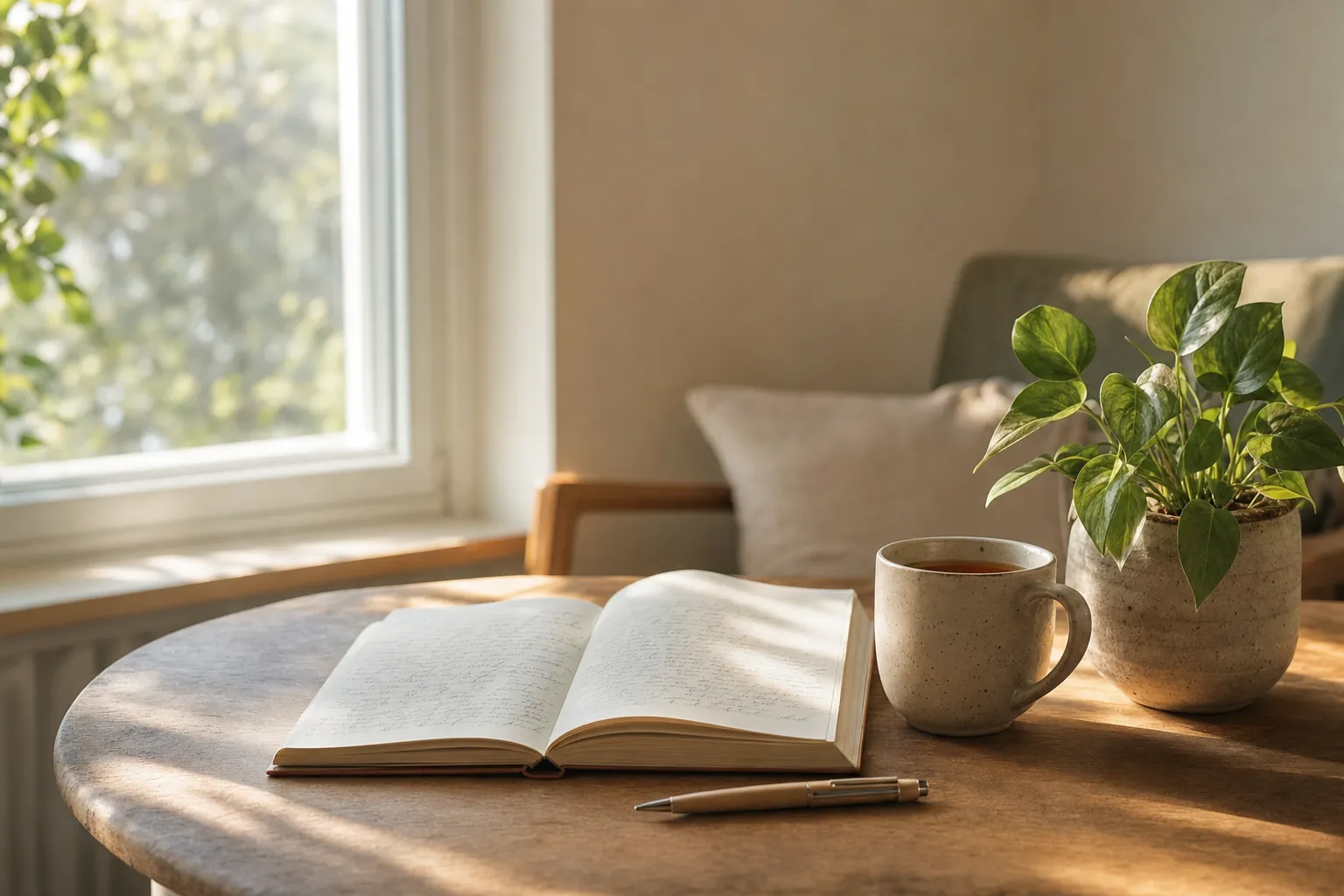 An open journal, tea, and a small houseplant in warm window light.
