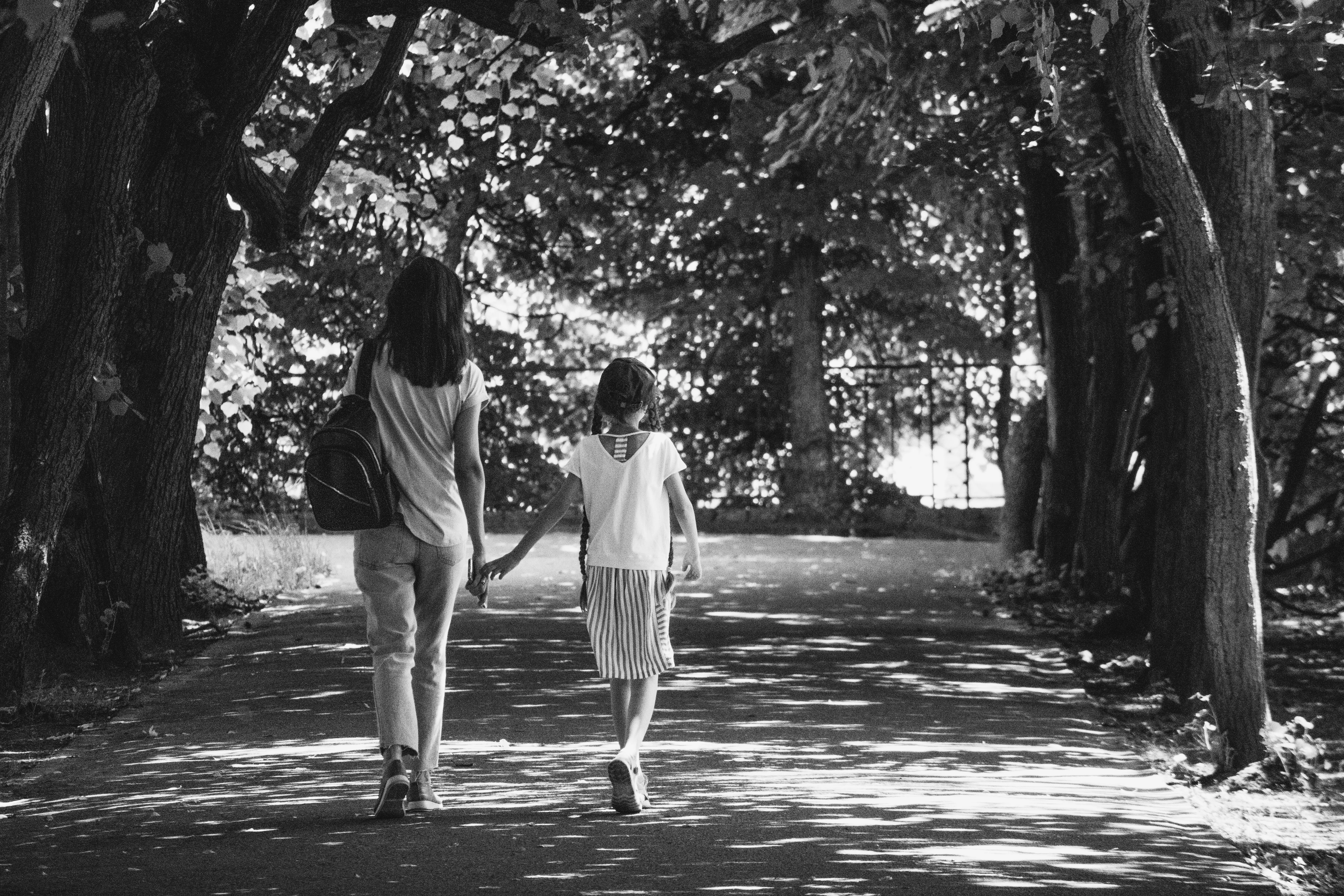 An adult and child walking hand in hand on a tree-lined path.
