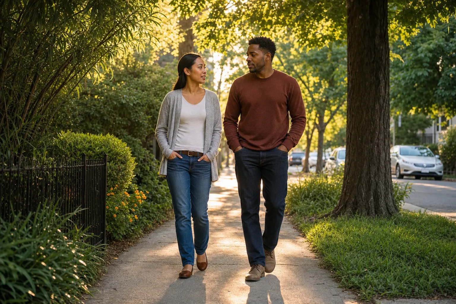 Two partners walking and talking together outdoors.