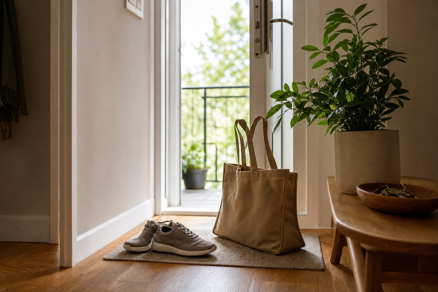 Walking shoes and a tote bag by an open apartment doorway.