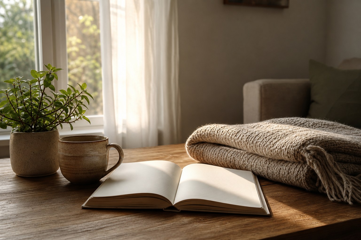 An open journal, mug, blanket, and small plant in a sunlit room.