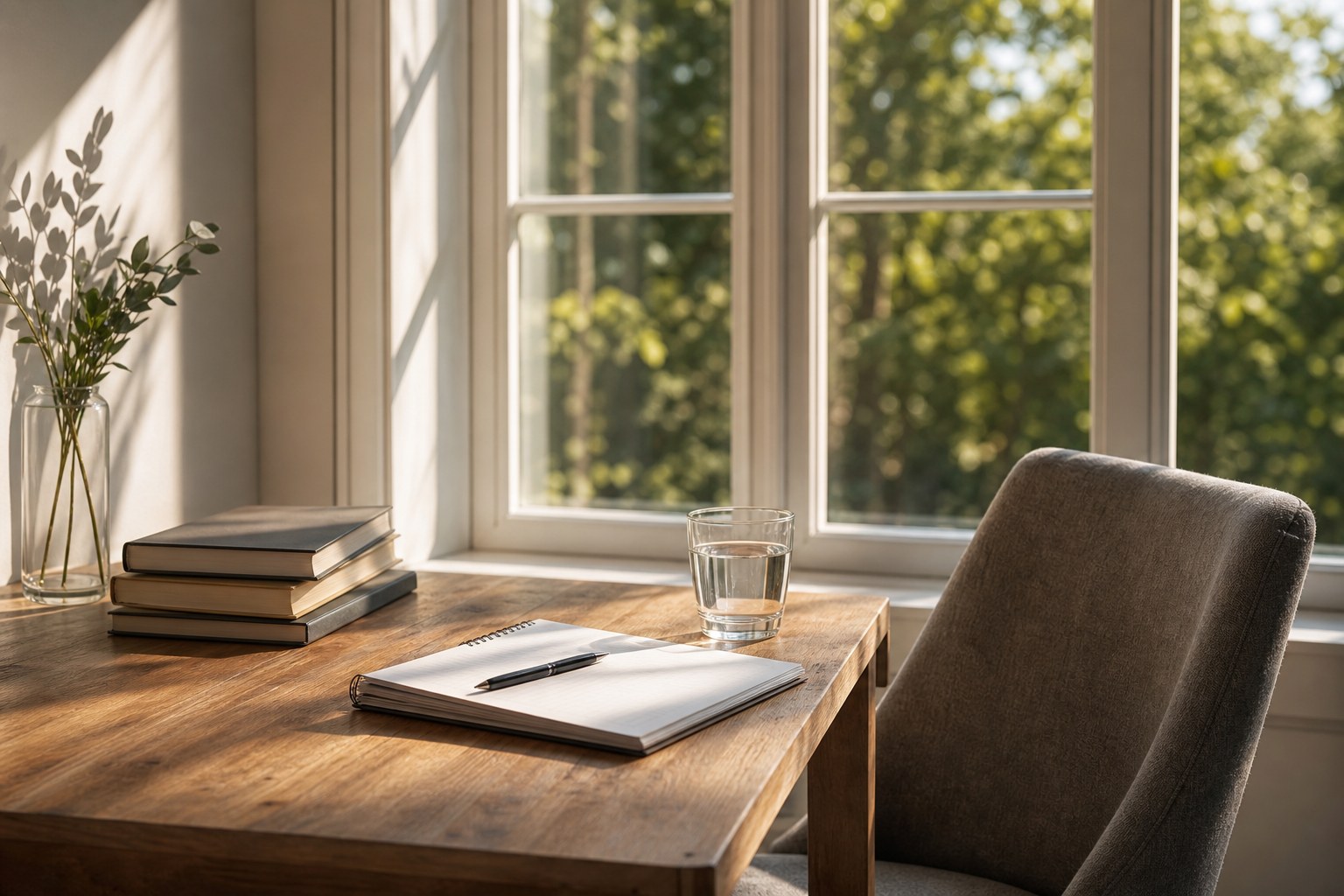 A notebook and glass of water on a wooden desk beside a window.