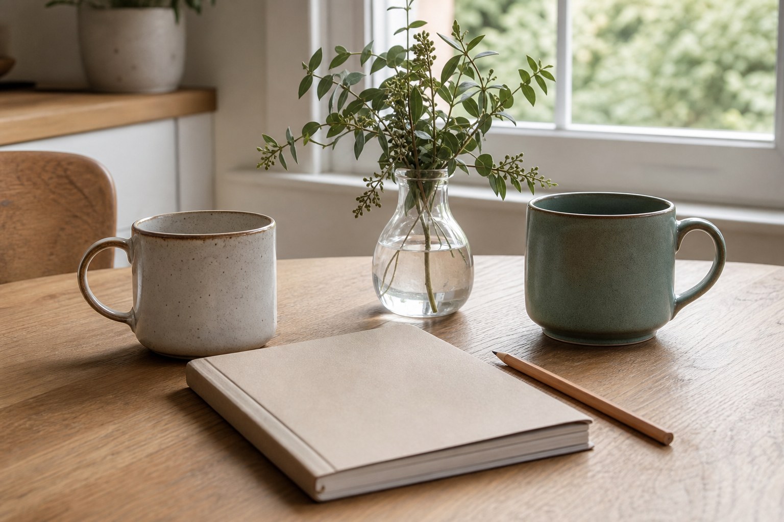 Two mugs and a blank notebook on a bright kitchen table.