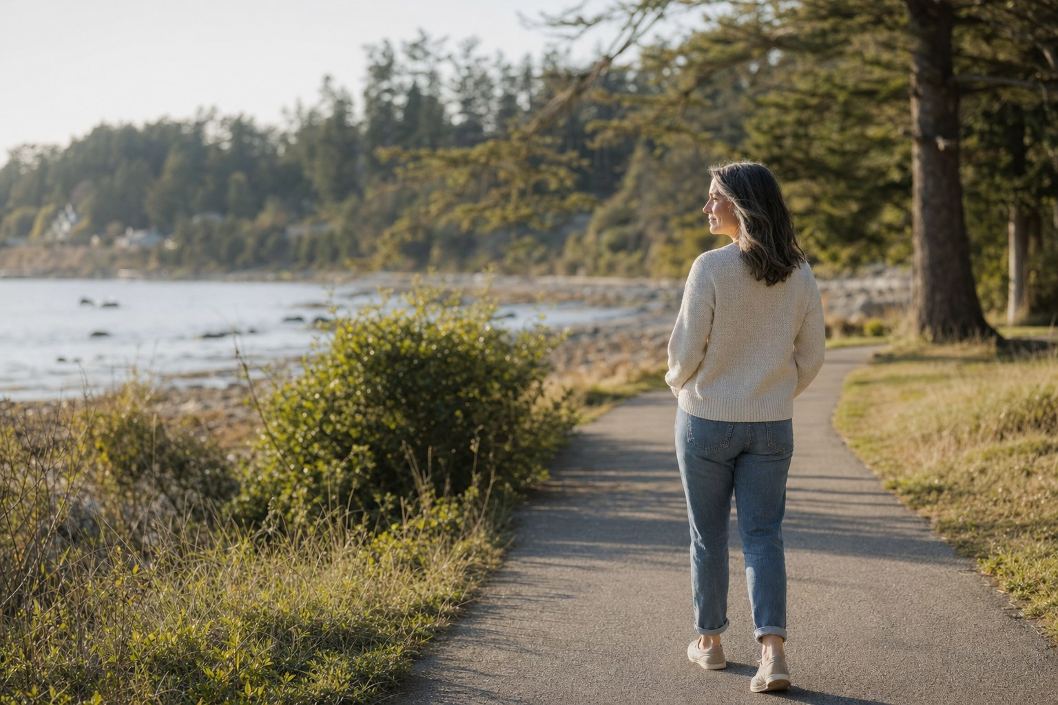A woman taking a quiet walk beside the water.