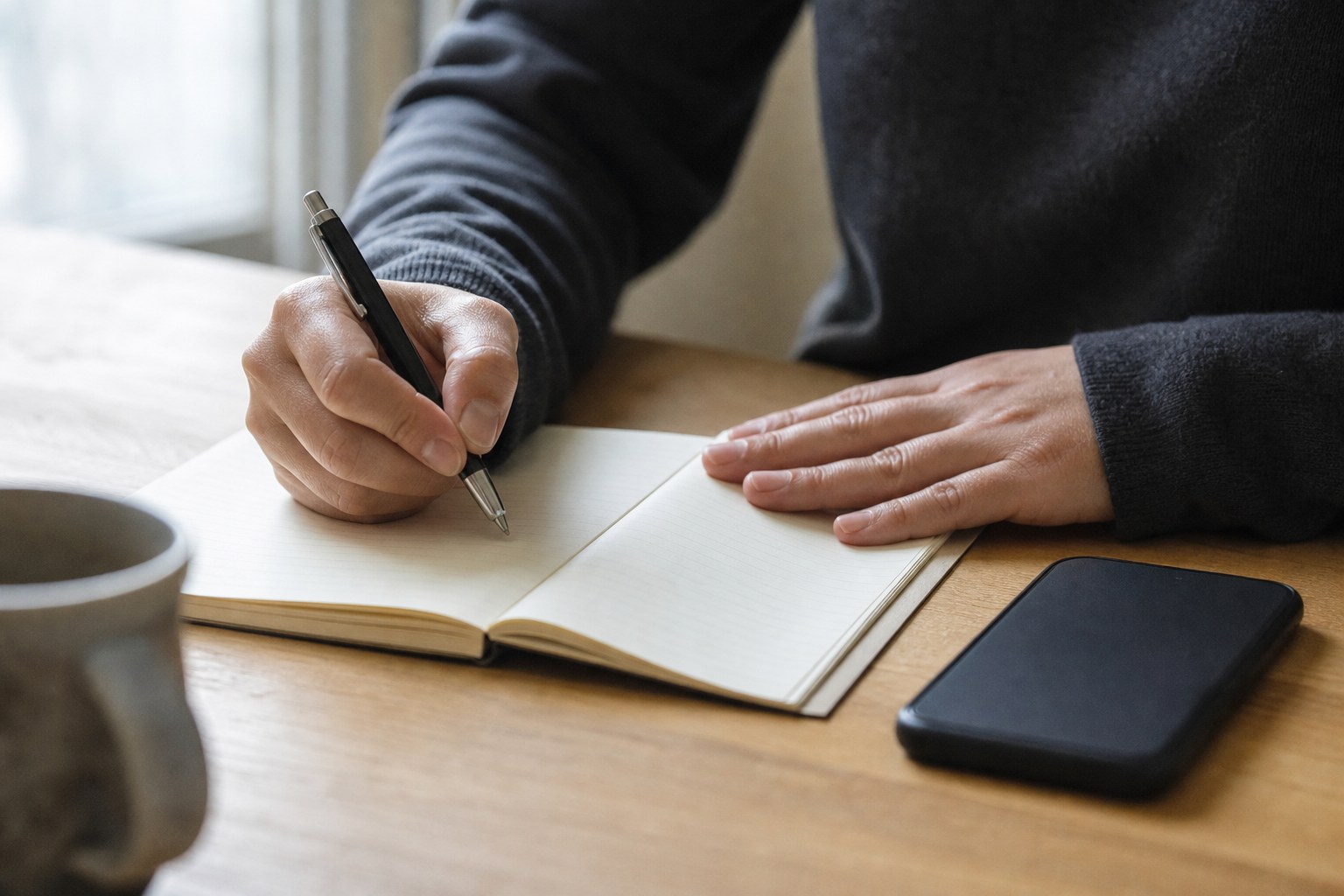 A person writing a short note beside a phone resting face down.
