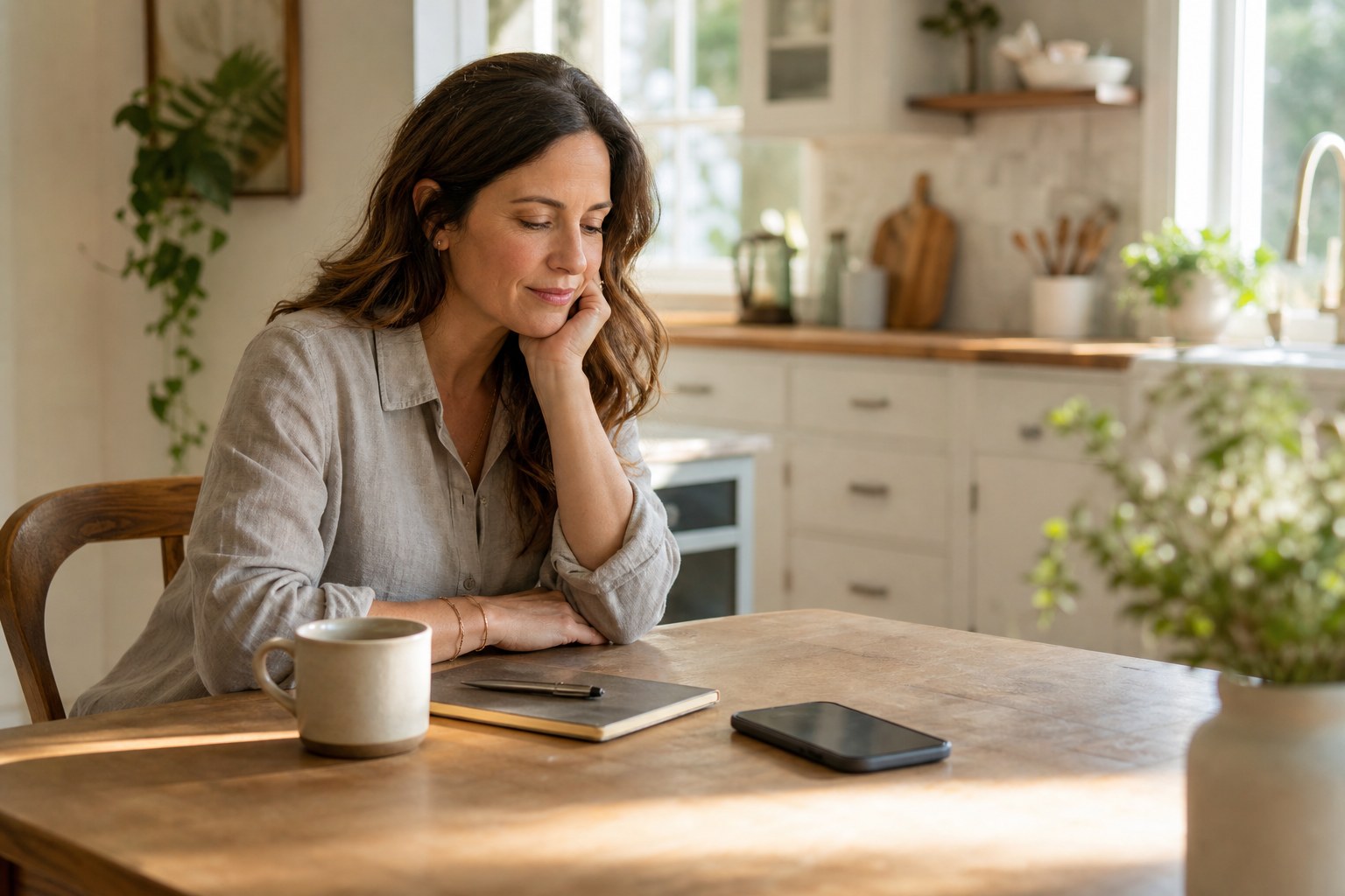 A woman taking a quiet pause at her kitchen table before responding to a message.