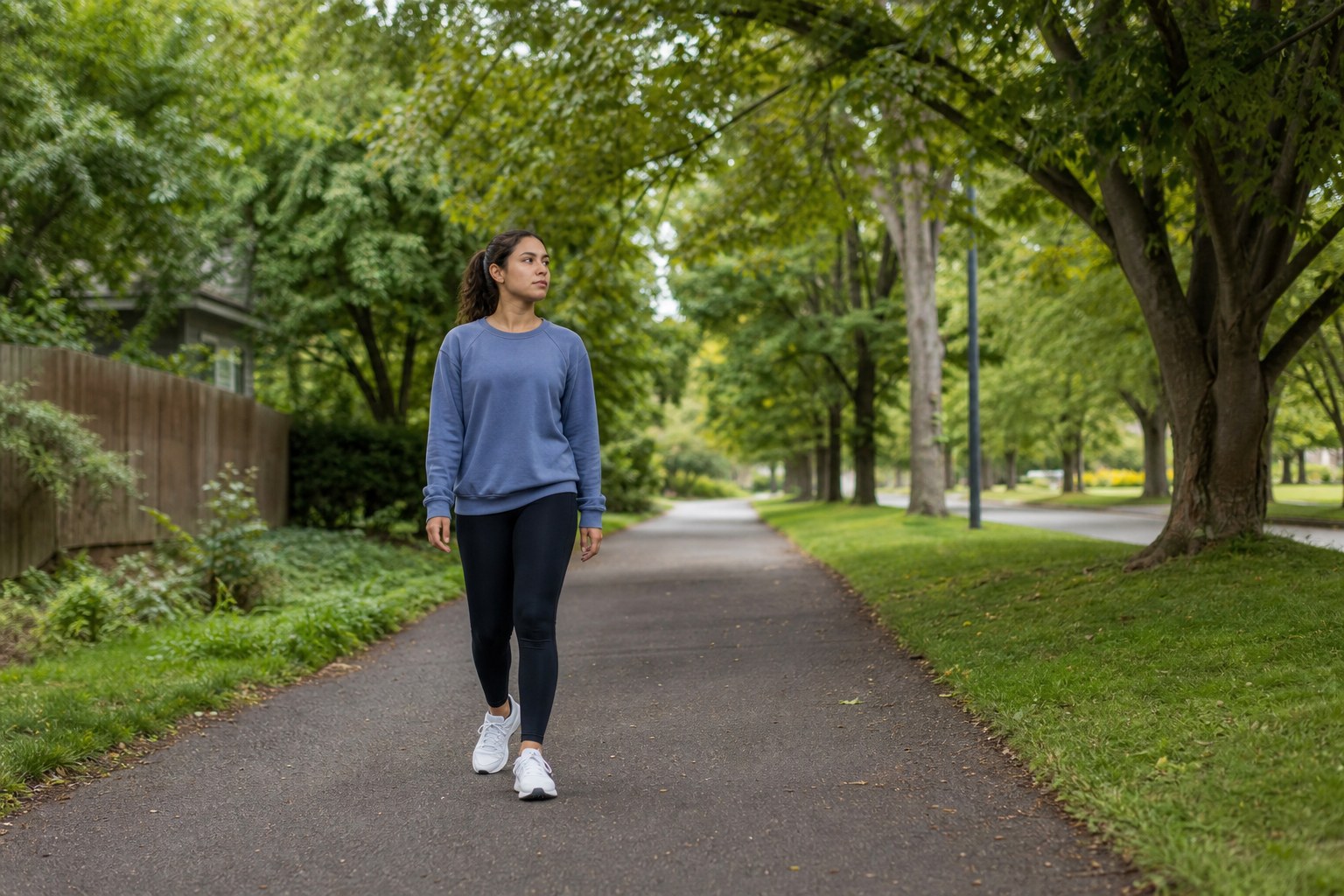 A woman taking a quiet walk on a tree-lined path.