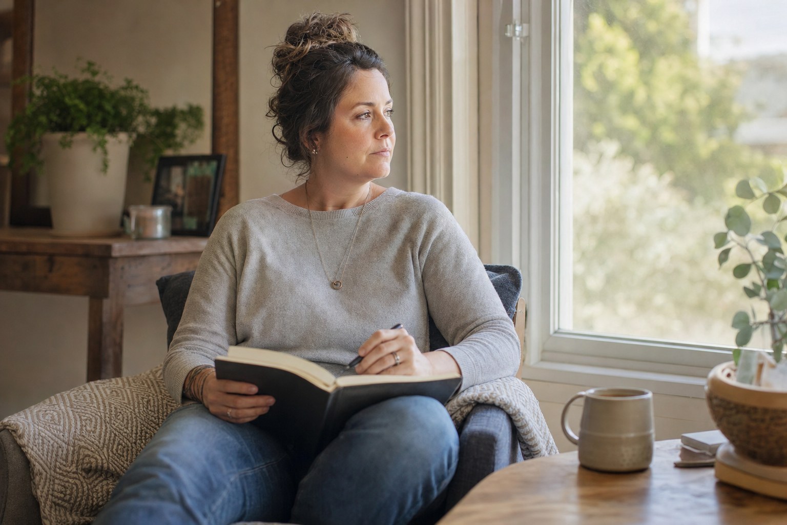 A woman taking a thoughtful pause while writing in a notebook by a window.