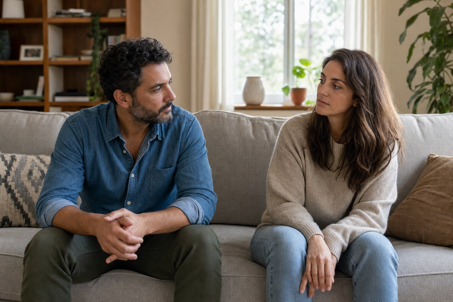 Two adults sitting thoughtfully together after a difficult conversation