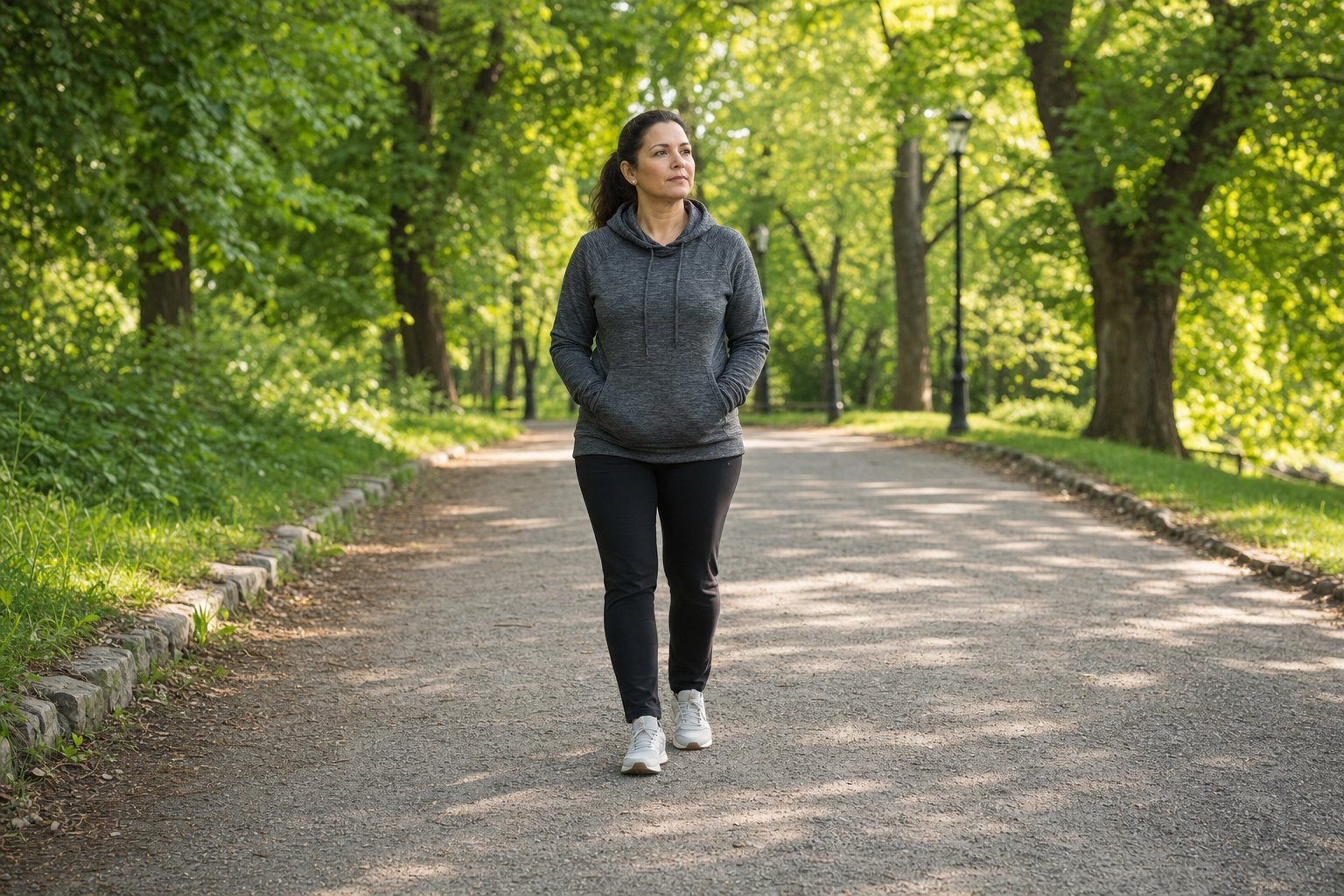 A woman taking a thoughtful walk through a green park.