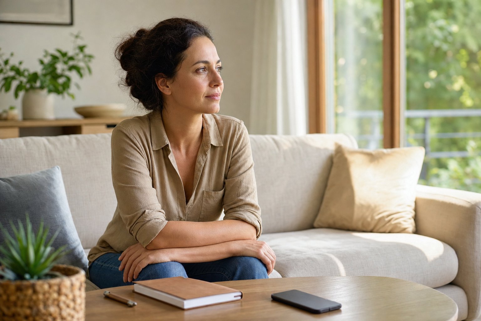A woman taking a quiet pause beside a sunlit window.