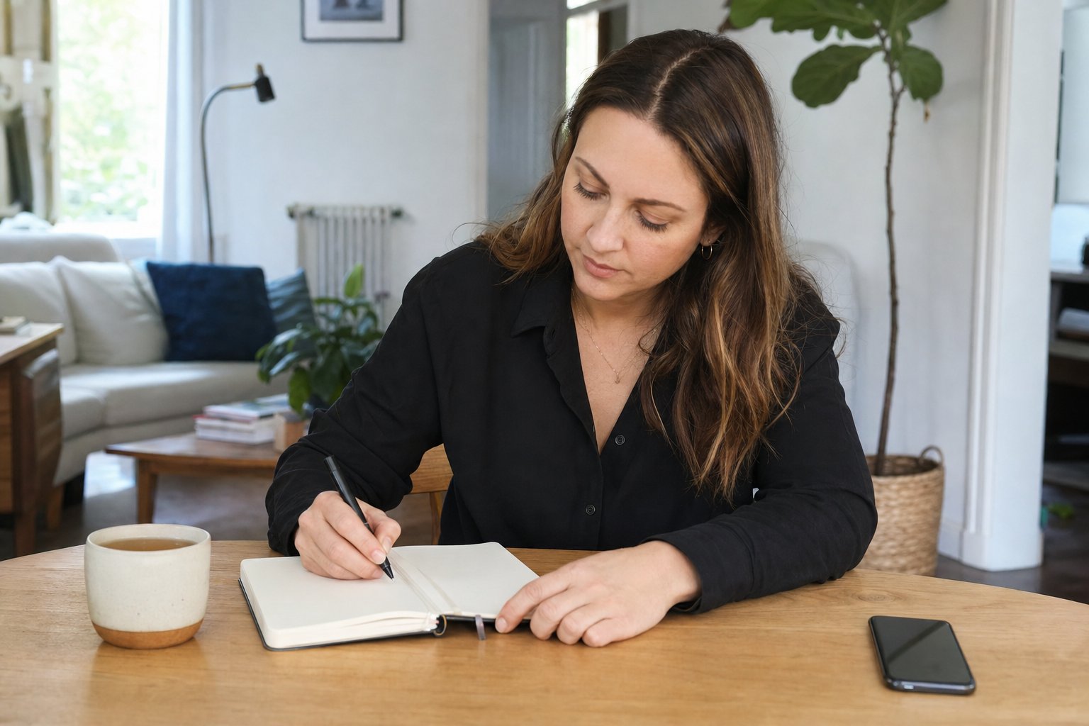 A woman writing in a journal at a table with her phone set aside.