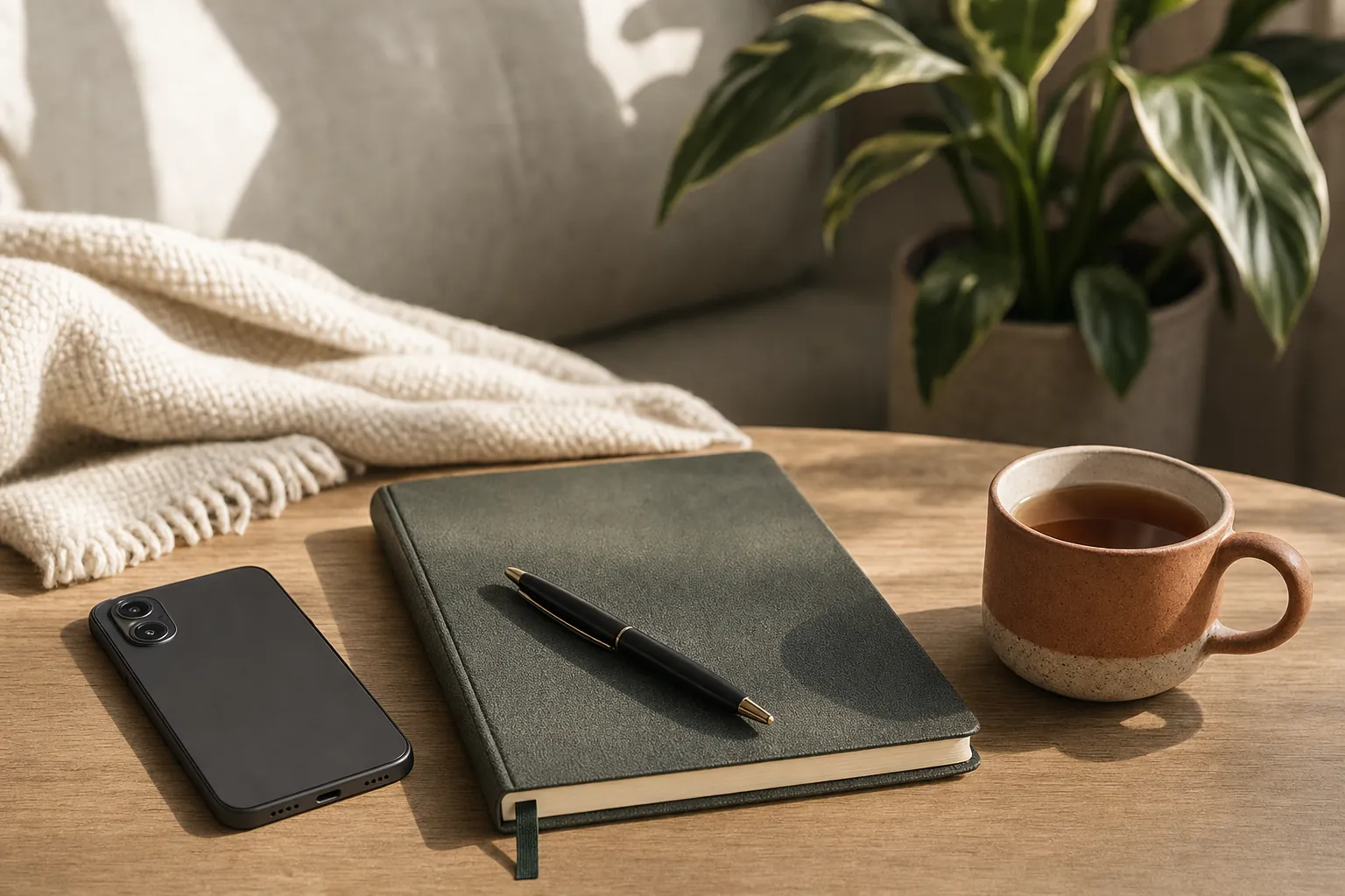 A phone resting face down beside a notebook and tea on a table.