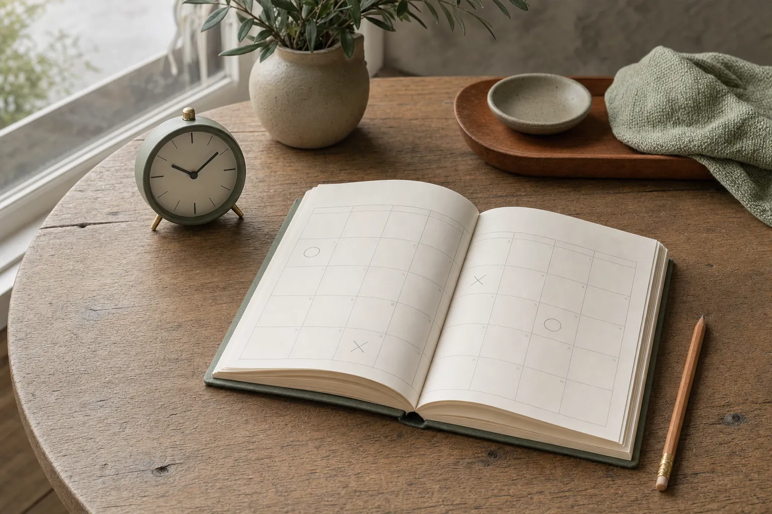 An open calendar beside a clock and pencil on a wooden table.