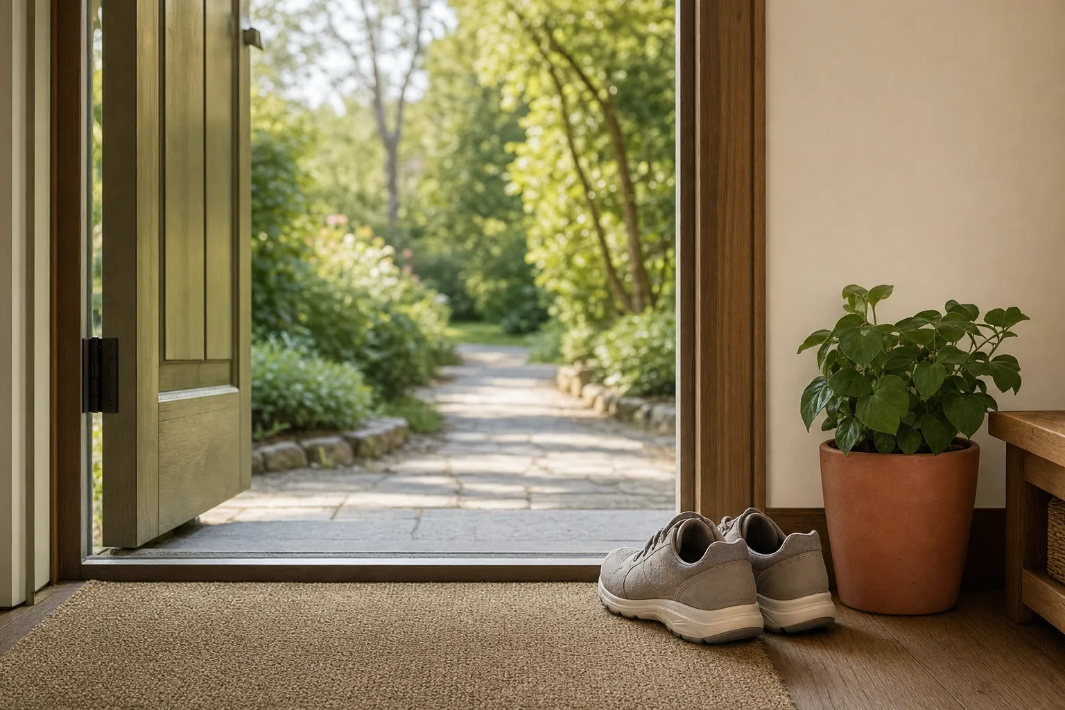 Walking shoes beside an open door looking out to a bright garden path.