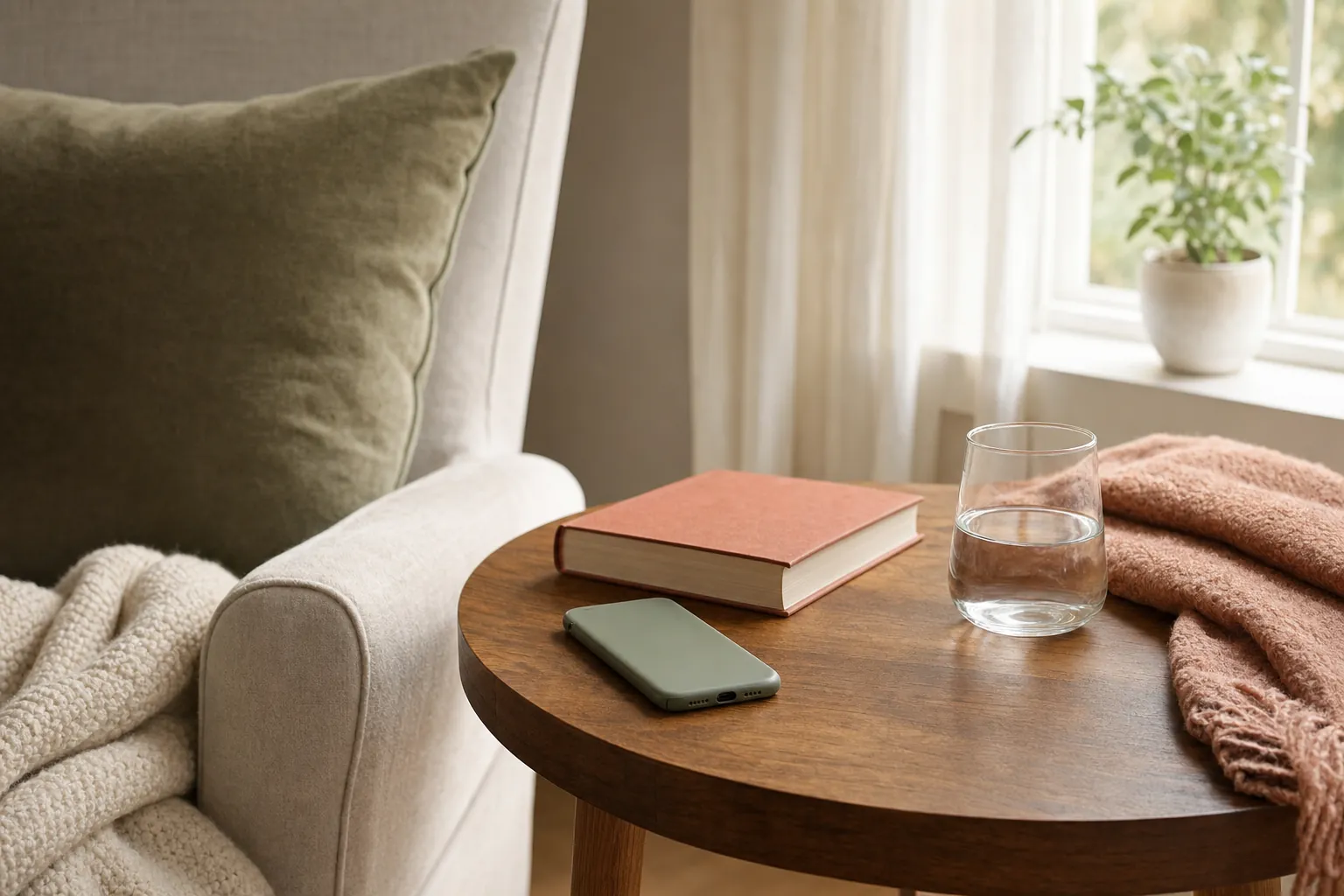 A phone turned face down beside a book and glass of water on a small table.