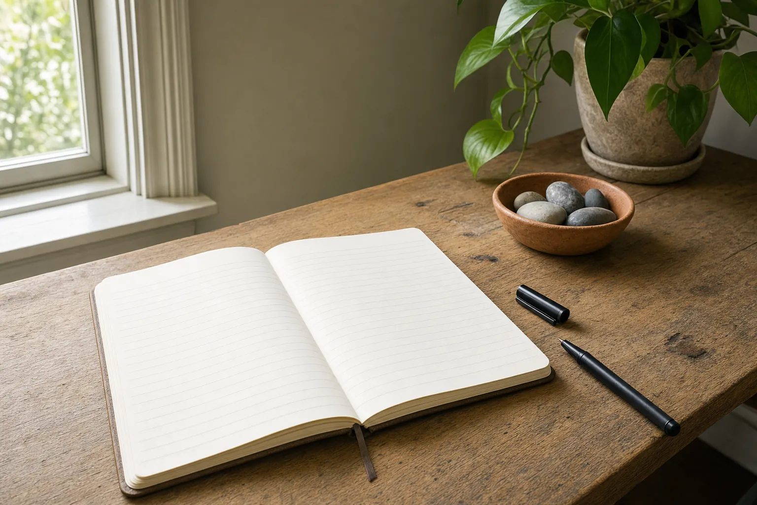 A blank lined journal, pen, and bowl of stones on a sunlit wooden table.
