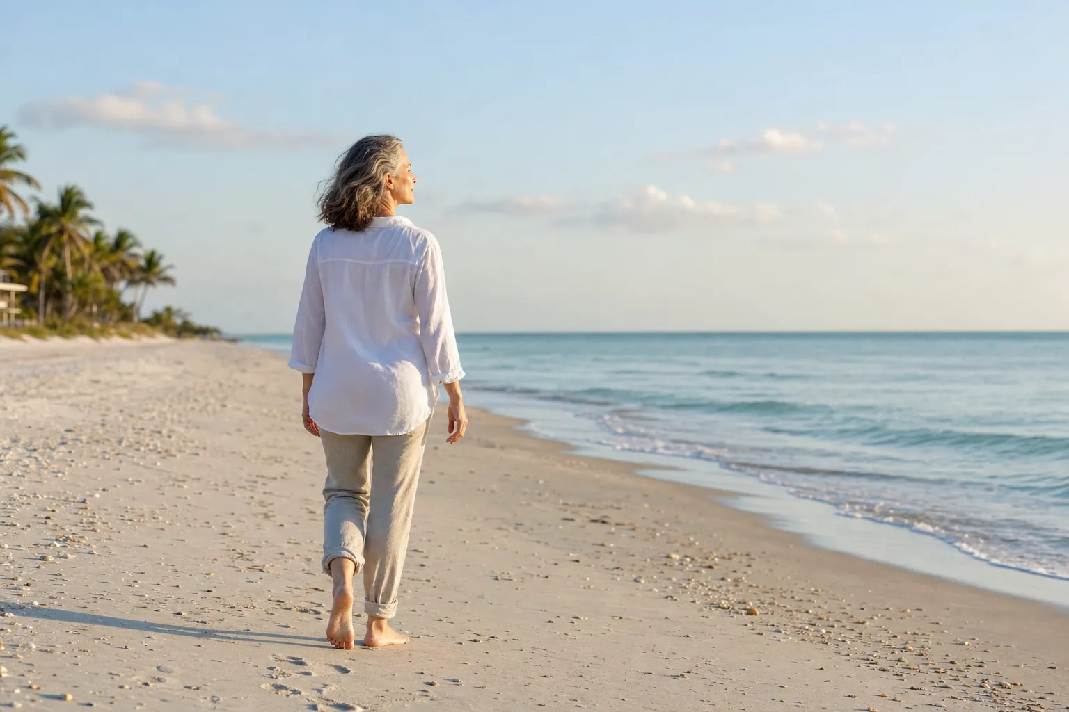 A woman walking along a quiet shoreline.